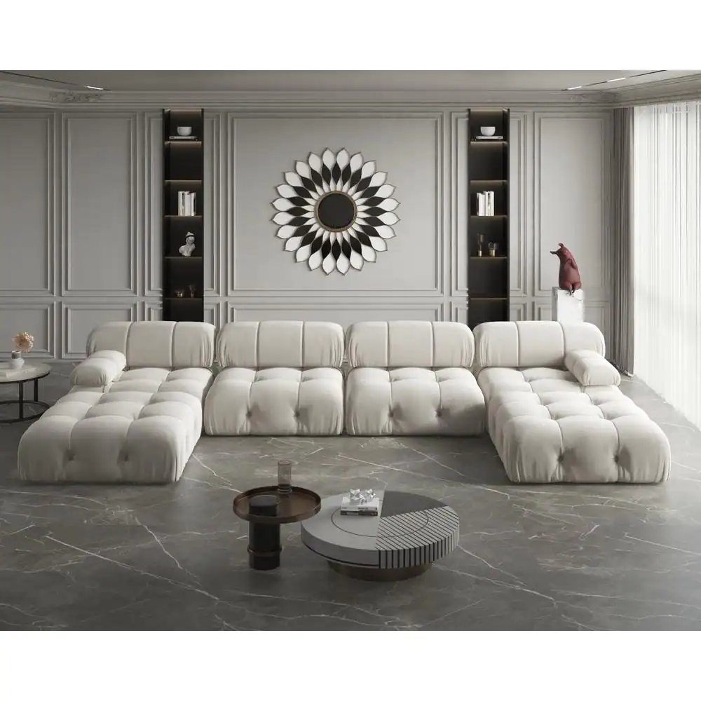 J&E Home 138.6 in. W Square Arm 4-Piece U Shaped Velvet Free Combination Sectional Sofa with Ottoman in Beige