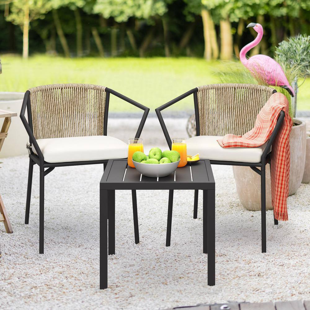 DEXTRUS 3-Piece Yellow Wicker Stackable Outdoor Bistro Set with Coffee Table and Beige Cushions
