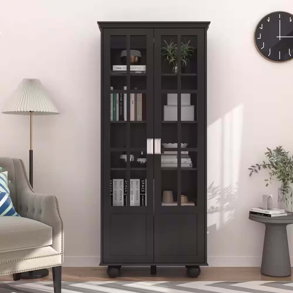 None 72.3 in. Black Wood 5-Shelf Standard Bookcase with Ball-Shape Legs