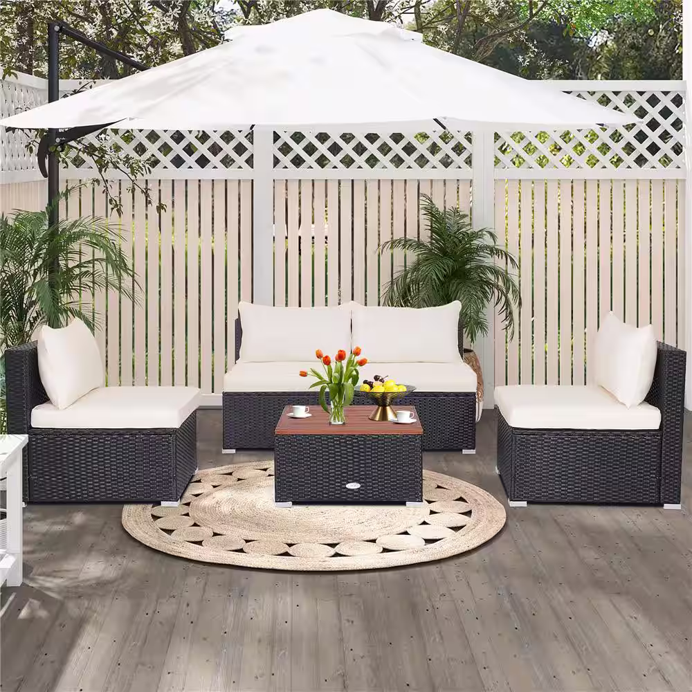Costway 5-Piece Patio Rattan Furniture Set Acacia Wood Table Top Sofa Cushion Deck in Off White