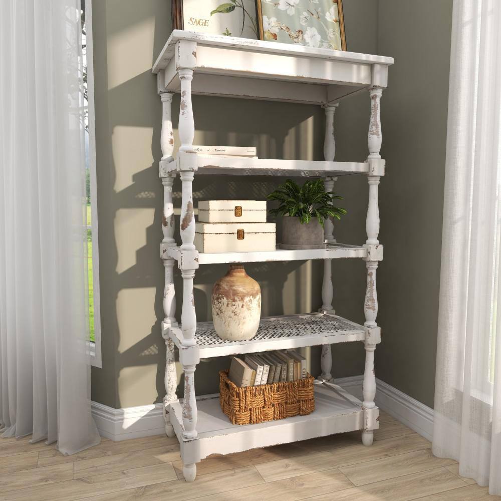 Litton Lane 5 Shelf Wood Stationary White Distressed Open Shelving Unit with Spindle Sides and Mesh