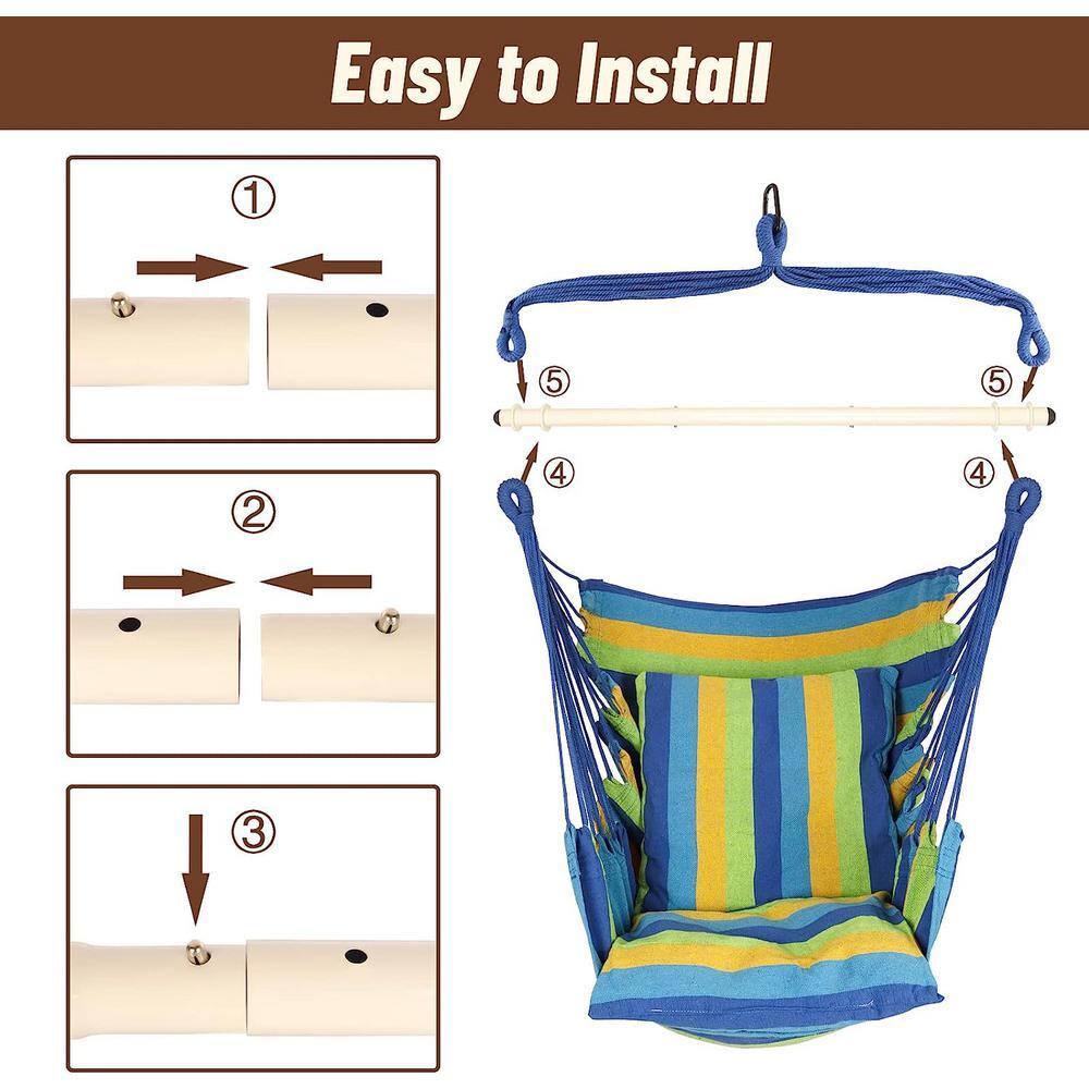 None Hammock Chair Hanging Rope Swing - Max 500 lbs. 2-Cushions Included - Steel Spreader Bar with Rings (Blue Striped)