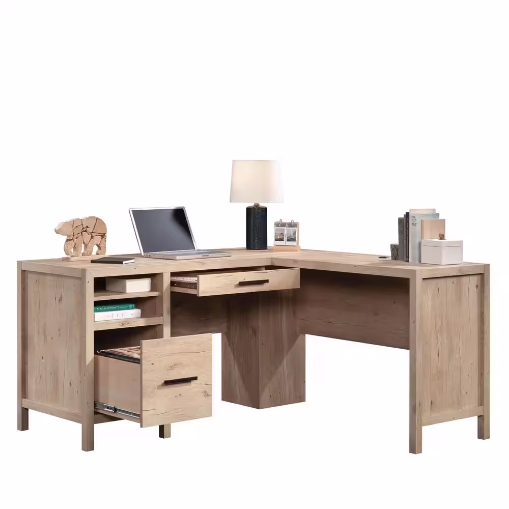 SAUDER Pacific View 58.465 in. L-Shaped Prime Oak Secretary Desk with File Storage