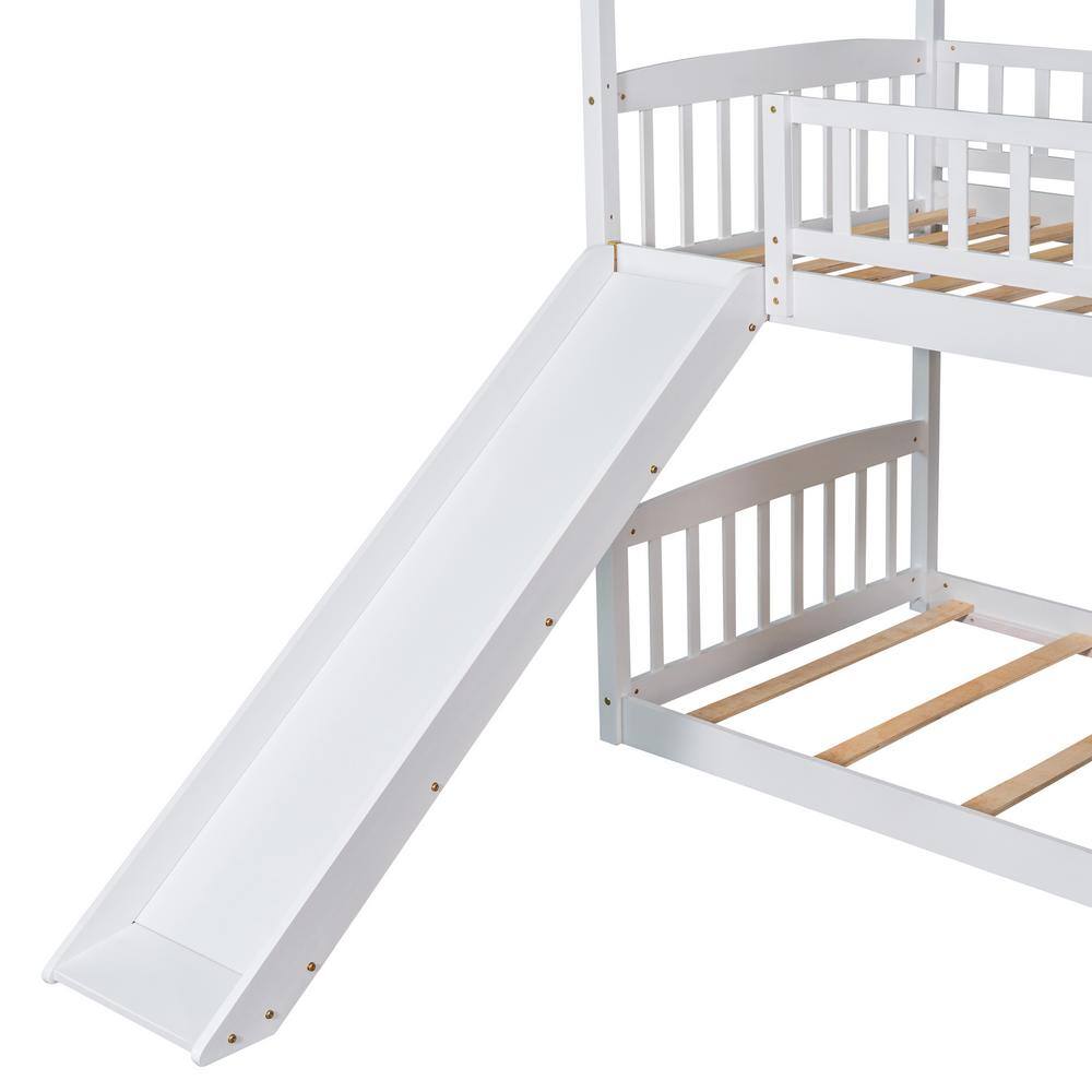 Harper & Bright Designs White Twin Over Twin Wood House Bunk Bed with Slide and Ladder
