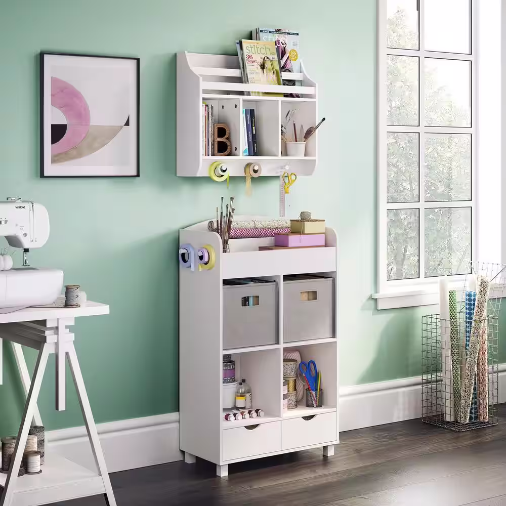 RiverRidge Home Kids White Wall Shelf with Cubbies and Bookrack