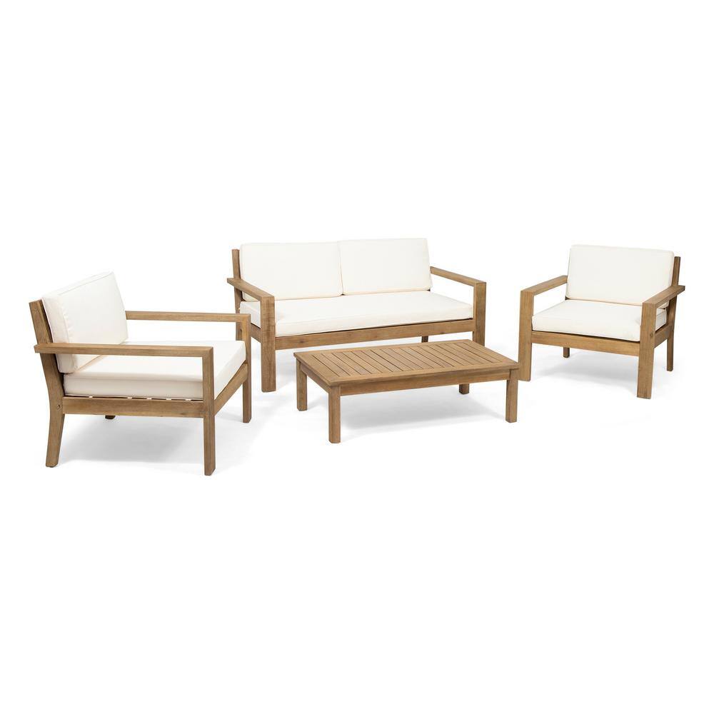 Noble House Santa Ana Brushed Light Brown 4-Piece Wood Patio Conversation Set with Cream Cushions