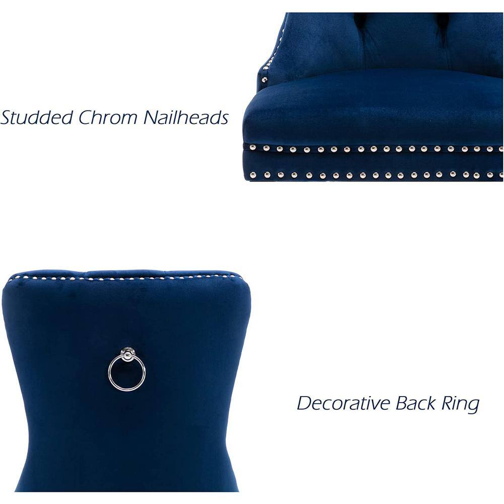 None Dark Blue Velvet Upholstered Dining Chairs Accent Diner Chairs Stylish Kitchen Chairs with Wood Legs (Set of 2)