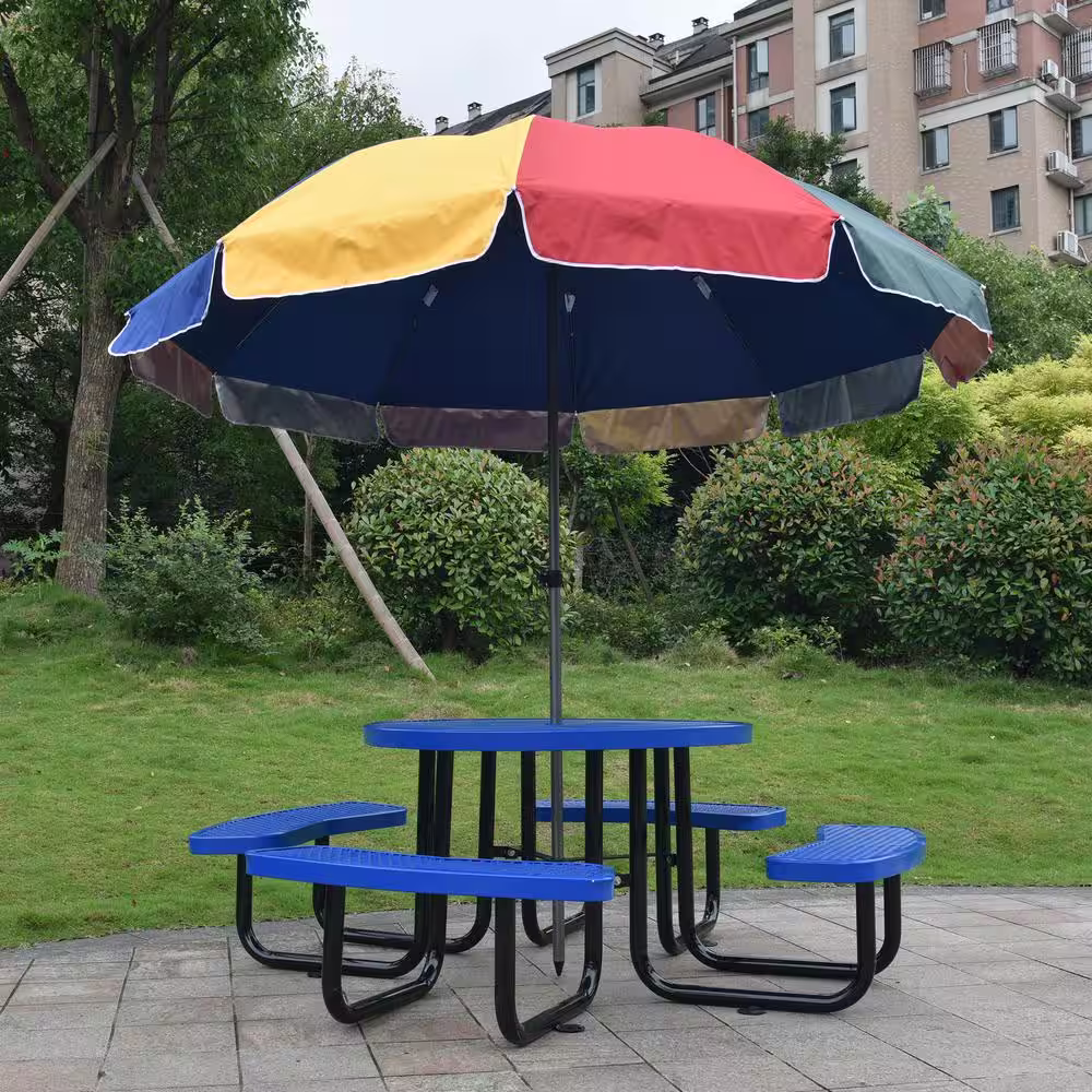 None 46 in. Round Outdoor Steel Picnic Table with Umbrella Pole in Blue