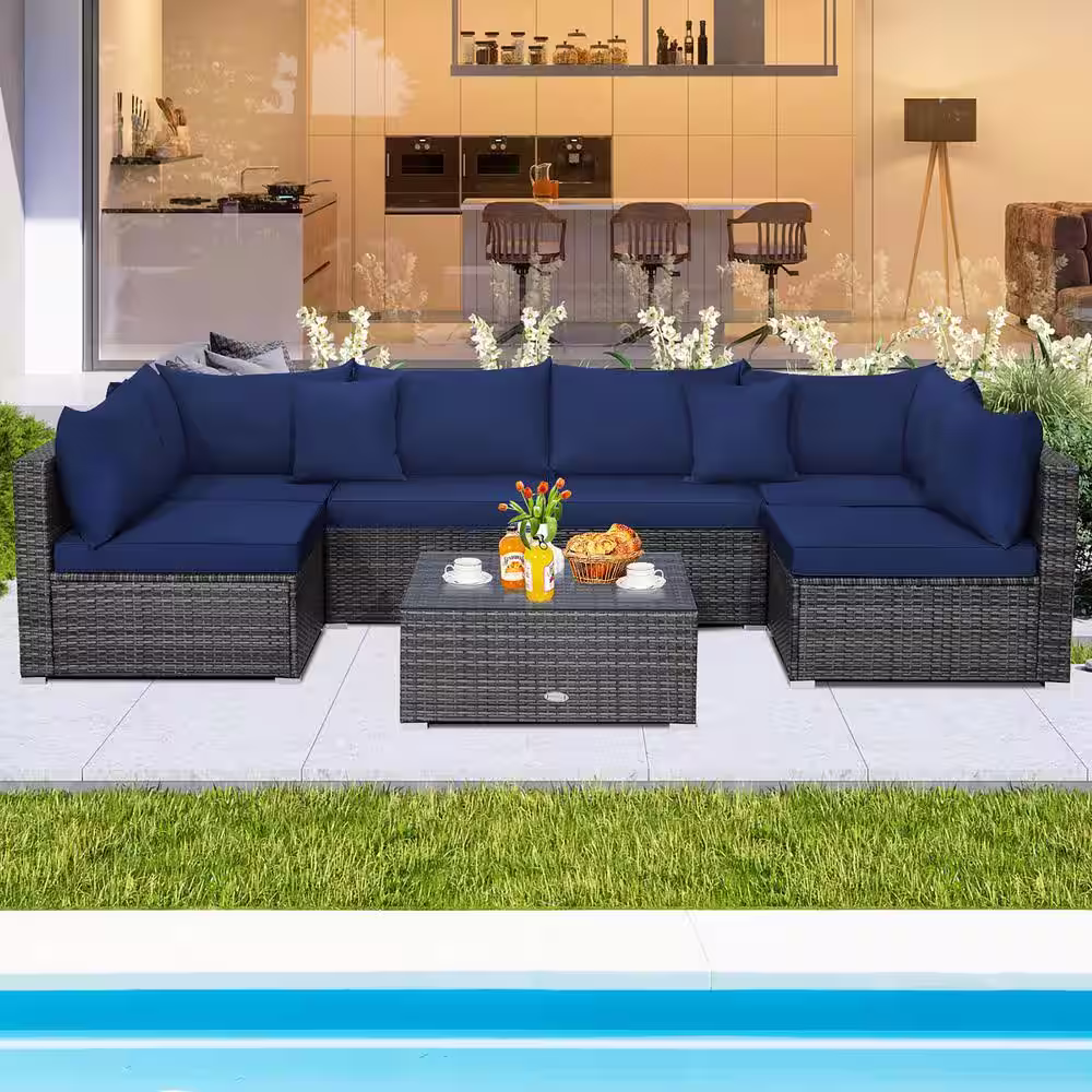 Costway 7-Piece Patio Rattan Furniture Set Sectional Sofa Cushioned Garden Navy