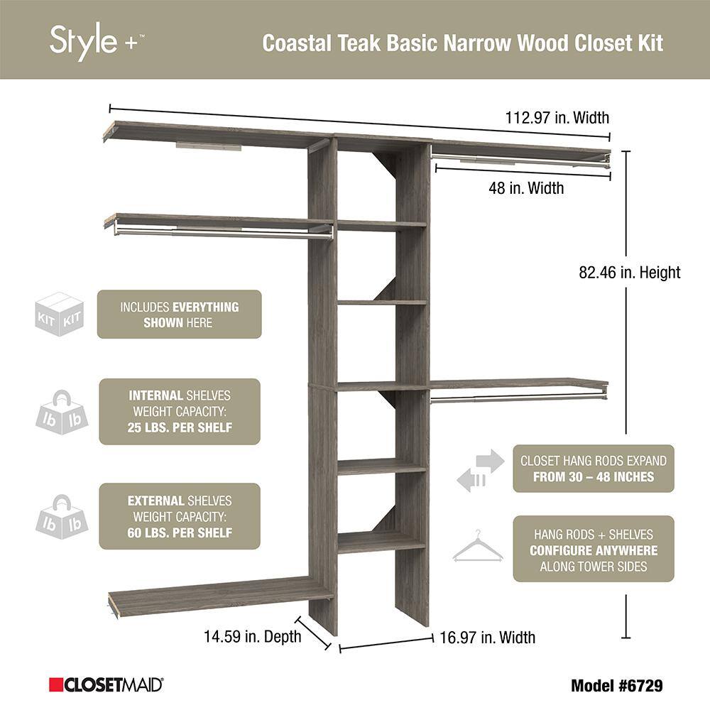 ClosetMaid Style+ 64.9 in W - 112.9 in W Coastal Teak Basic Narrow Wood Closet System Kit
