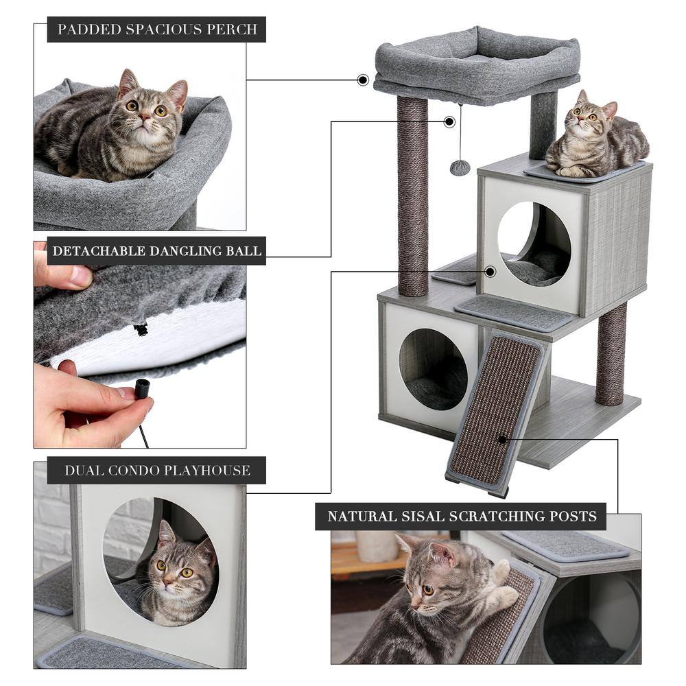 None 35 in. H Cat Tree Cat Tower with Condo, Perch, and Replaceable Dangling Ball in Gray
