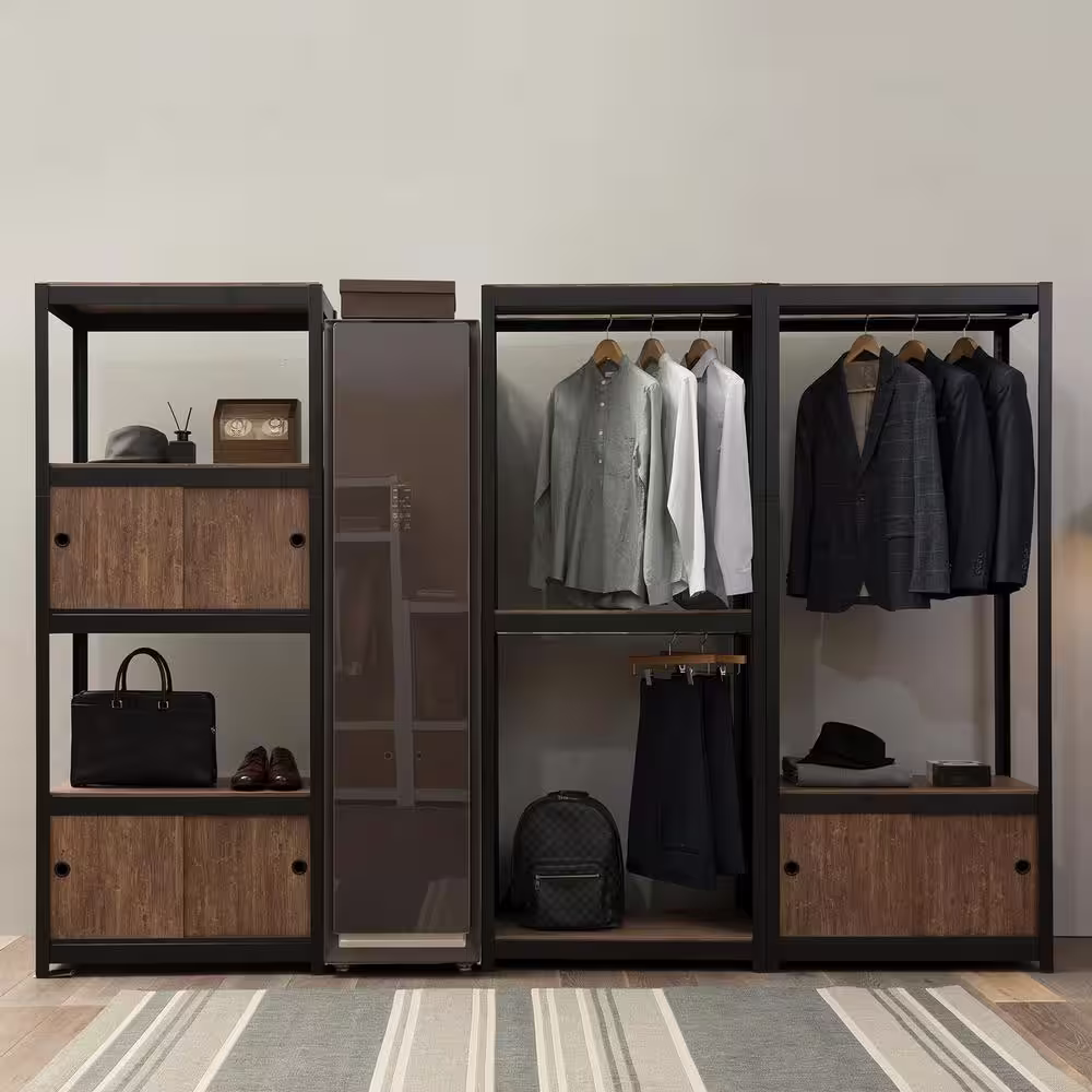 Best Home Fashion Kepsuul 31.50 in. W x 15.75 in. D x 76.75 in. H Black Clothing Rack + 2-Shelf Wood Closet System