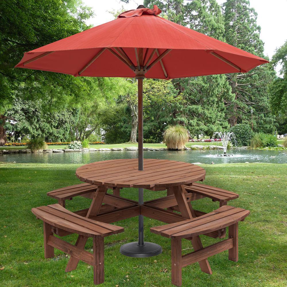 None 70.07 in. W Brown Solid Wood 8 Person Wooden Picnic Table Garden DIY w/4 Built-in Benches