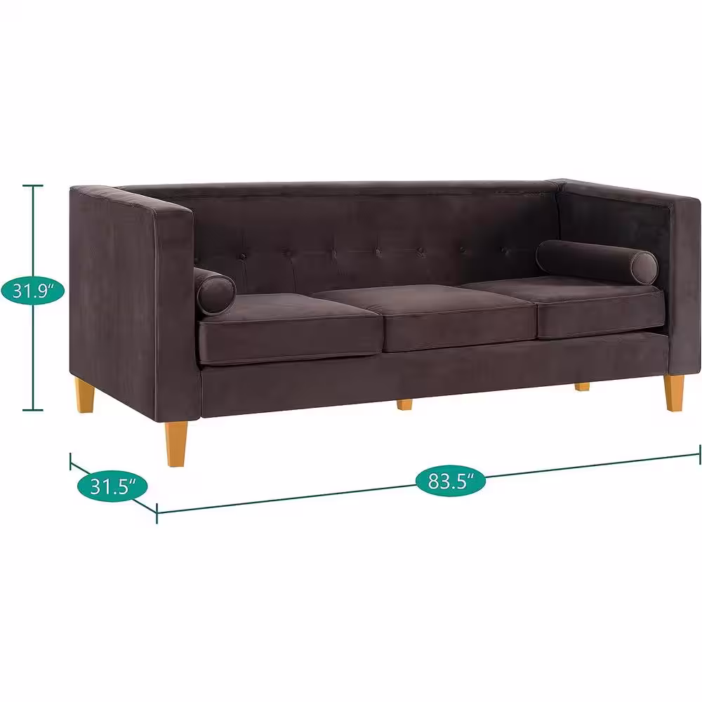None 83.5 in Wide Square Arm Velvet Rectangle Sofa in. Espresso