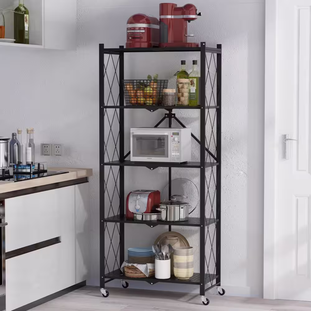 FUFU&GAGA 64.3 in. H Black Metal 10-Shelf Freestanding Standard Bookcase Foldable Metal Shelf Shelving Unit With Wheels