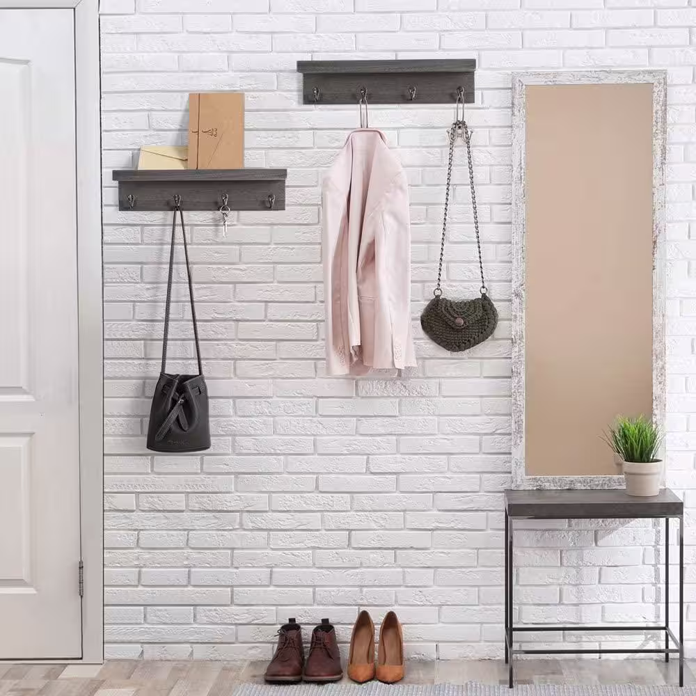 None Rustic Green Wood Coat Rack Wall Mount Shelf with 4-Dual Hooks Hooks (Set of 2)