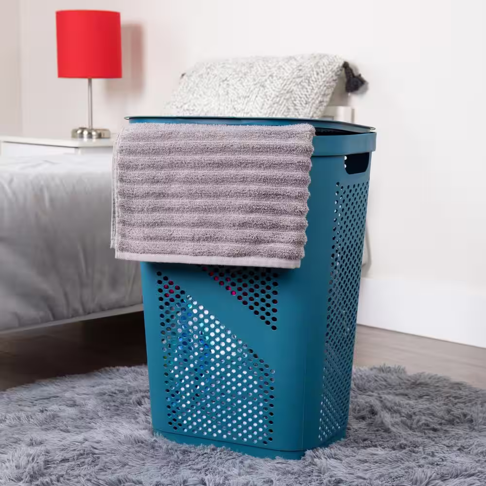 Mind Reader Basket Collection Laundry Hamper, 60 Liter (15kg/33lbs) Capacity, Cut Out Handles, Attached Hinged Lid, Set of 2, Blue