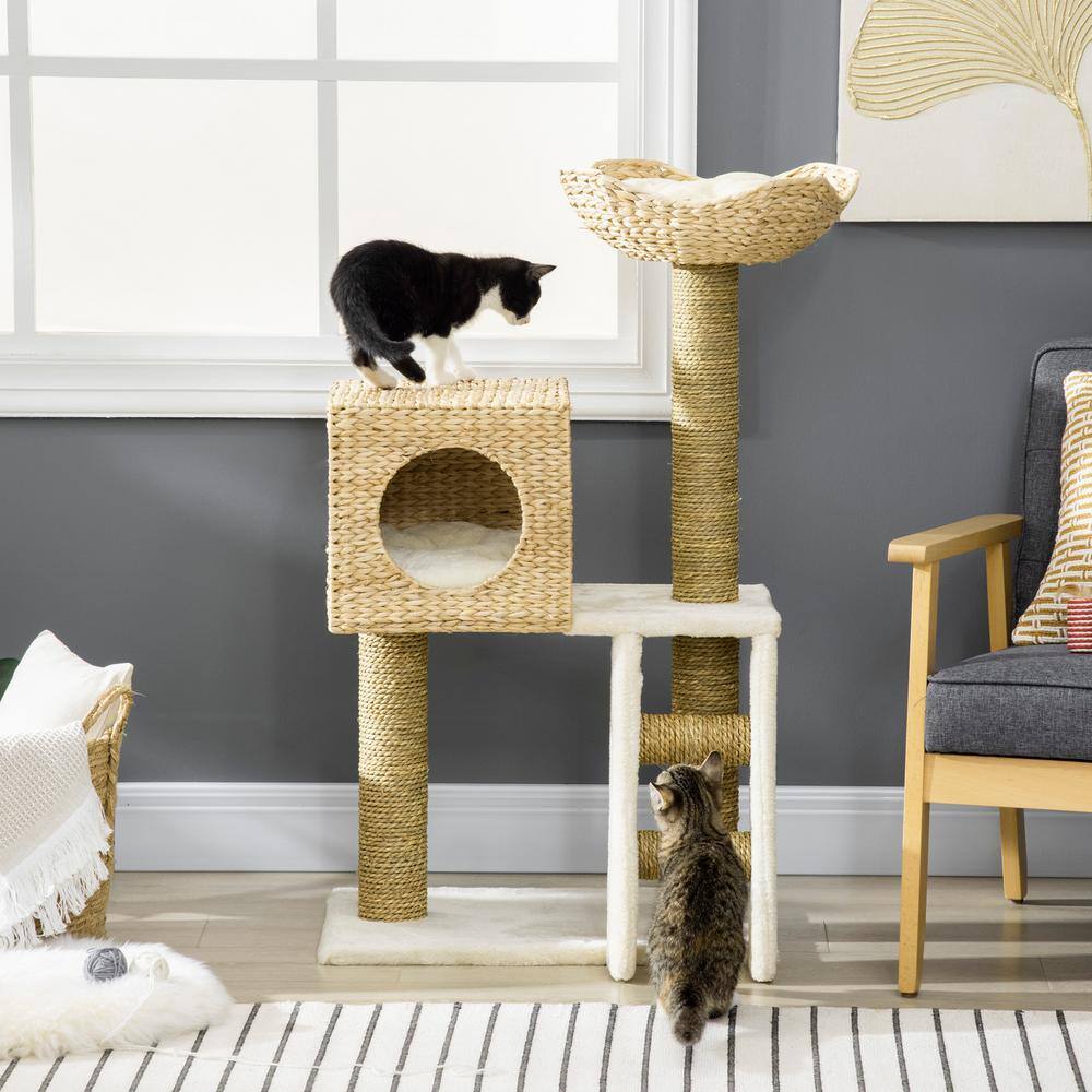 PawHut Cattail Weave Cat Tree for Indoor Cats Kitty Tower with Rattan Cat Condo, Wicker Bed, Ladder, Washable Cushions