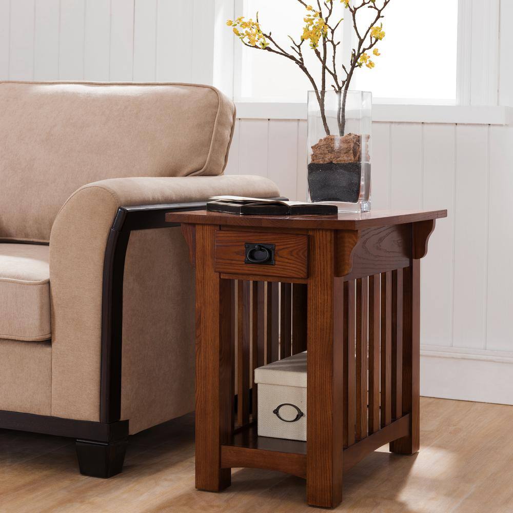 Leick Home Mission Impeccable 17 in. W x 25 in. D Medium Oak Rectangle Wood End/Side Table with One Drawer and Shelf