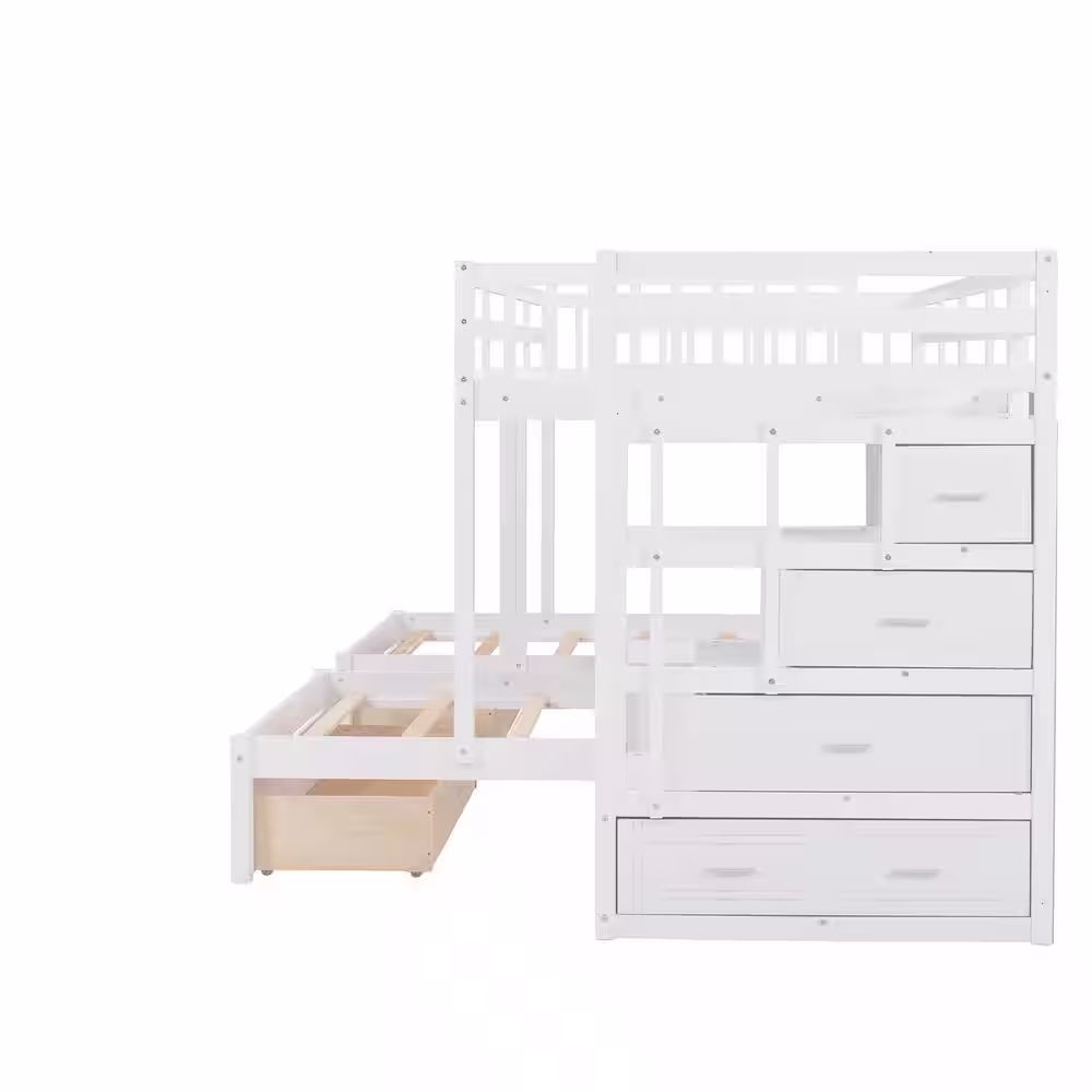 Harper & Bright Designs White Full over Twin & Twin Bunk Bed with Six Drawers and Guardrails