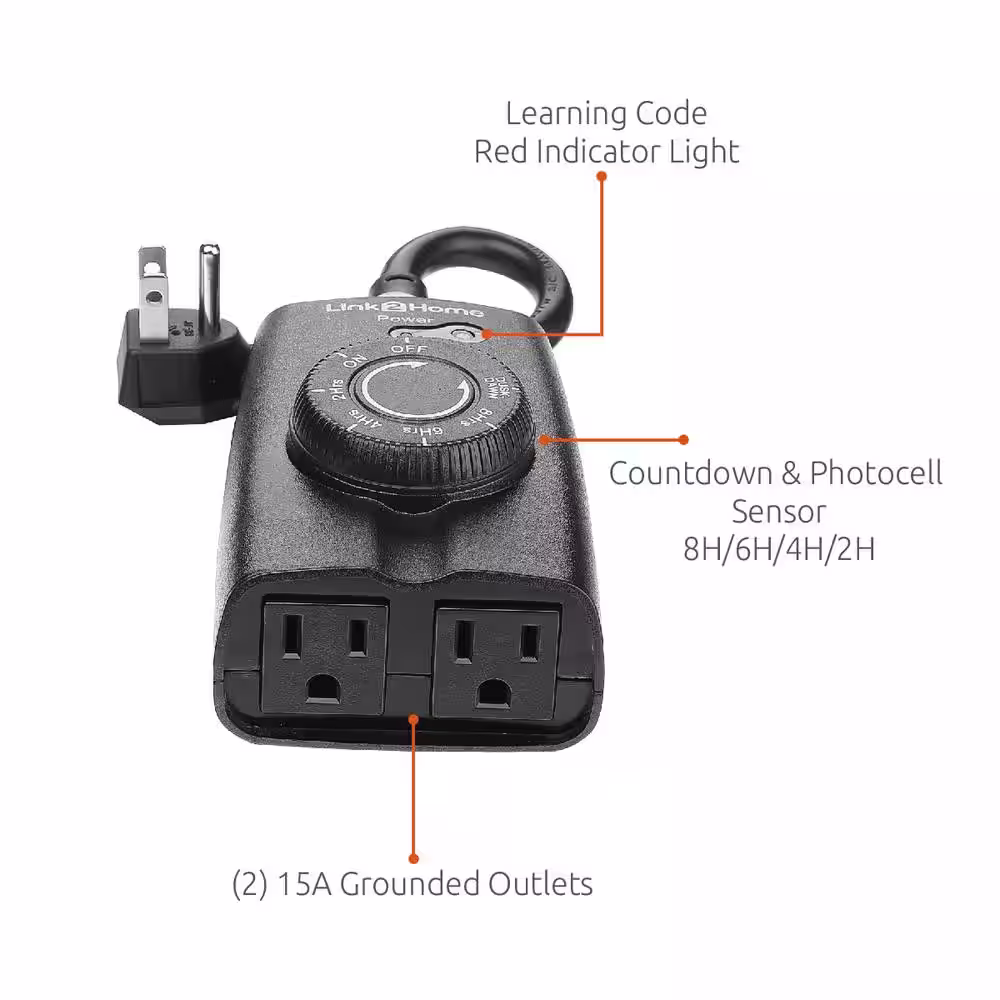 Link2Home 15 Amp Outdoor Plug-In Mechanical Dusk to Dawn Countdown Timer with 2 Grounded Outlets and 1 Remote, Black
