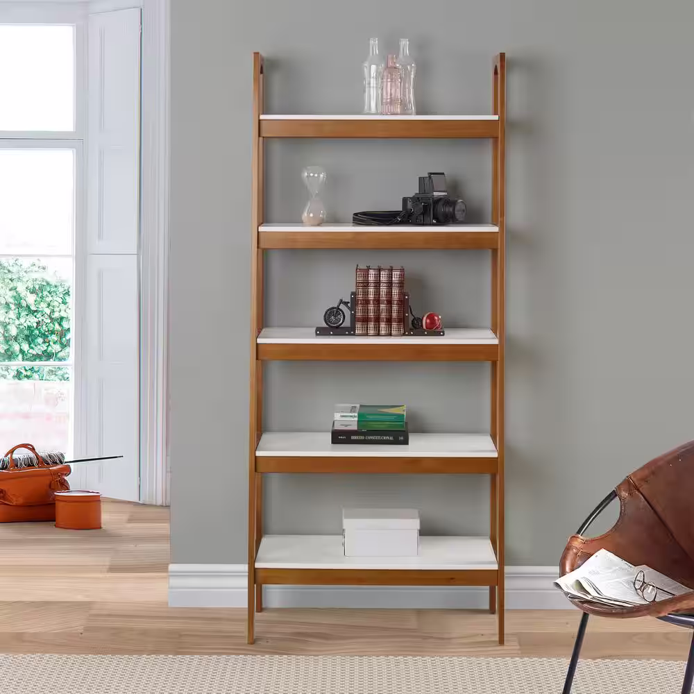 Camaflexi Mid Century Modern 74 in. White / Castanho Wood 5-Shelf Open Bookcase with Solid Wood Frame