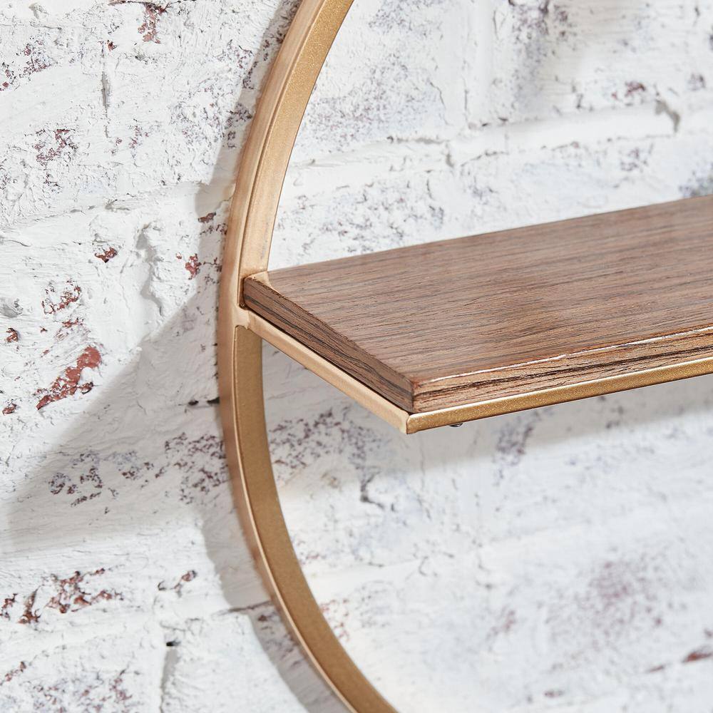 StyleWell 15 in. H x 15 in. W x 4 in. D Wood and Gold Metal Wall-Mount Round Floating Shelf (Set of 2)