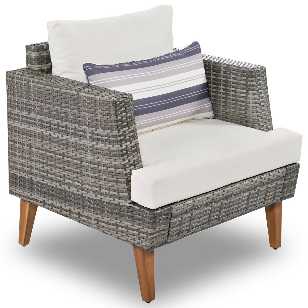 None Gray 6-Piece Wicker Patio Conversation Set with White Cushion and Ottoman