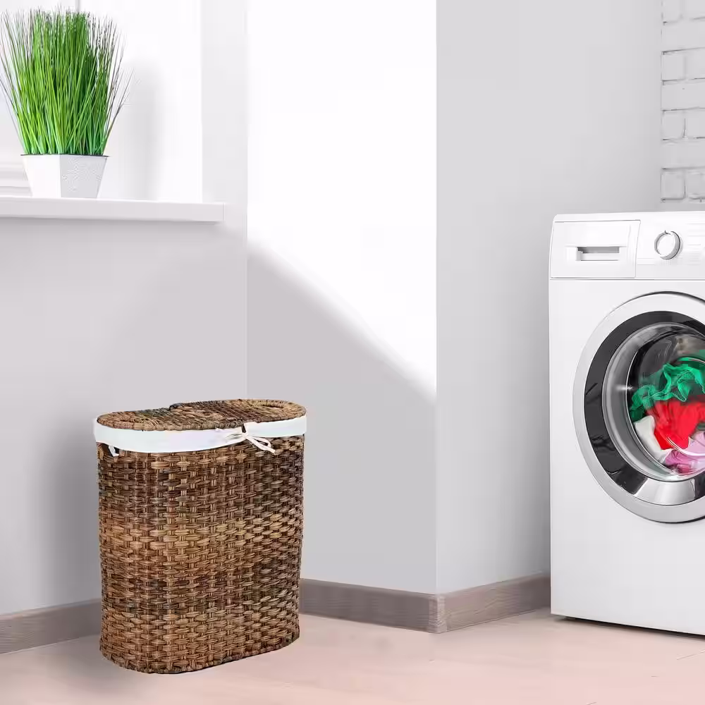 Seville Classics Mocha Hand-Woven Oval Double Laundry Hamper with Removable Liner