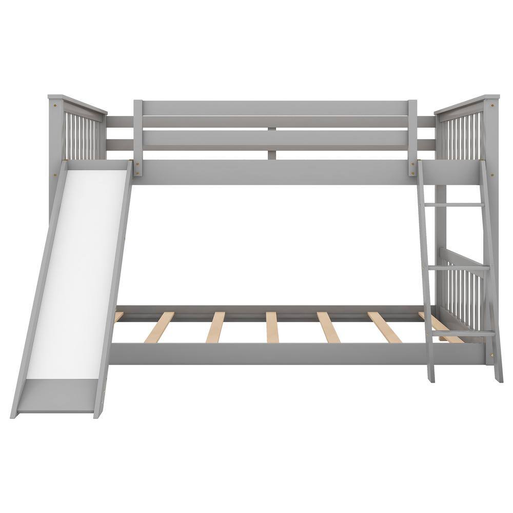 Harper & Bright Designs Classic Gray Full over Full Wooden Bunk Bed with Convertible Ladder and Slide