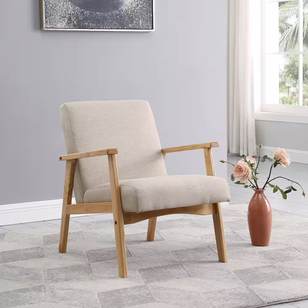 None Beige Mid Century Arm Chair with Wood Frames Linen Upholstered