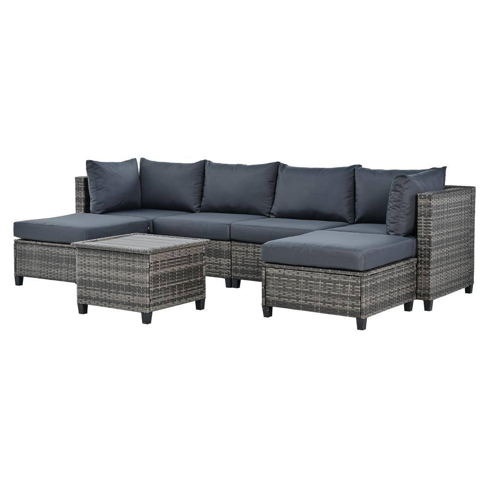 Nestfair 7-Piece Wicker Patio Conversation Set with Gray Cushions and Coffee Table