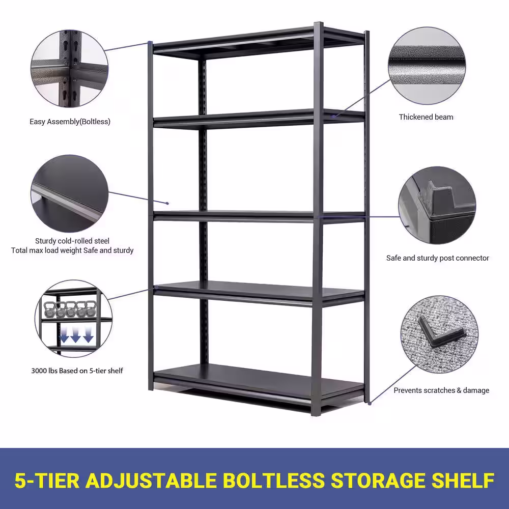 None Black Heavy Duty 5-Tier Steel Shelving Unit (47.24 in. W x 77.95 in. H x 18 in. D)