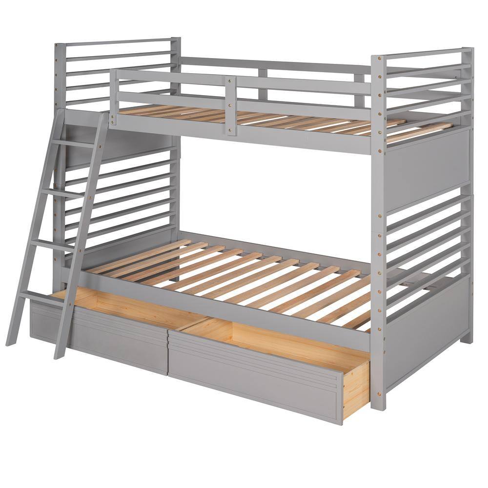 Harper & Bright Designs Elegant Gray Twin Over Twin Wood Bunk Bed With 2-Drawers