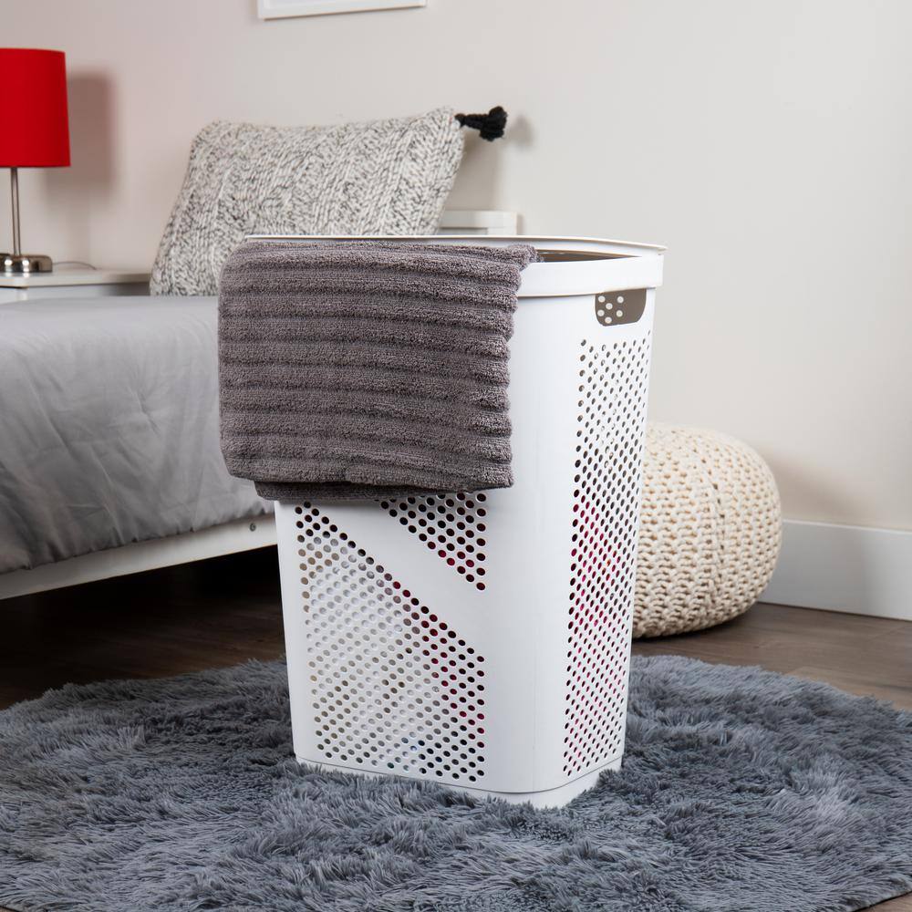 Mind Reader Basket Collection Laundry Hamper, 60 Liter (15kg/33lbs) Capacity, Cut Out Handles, Attached Hinged Lid, White