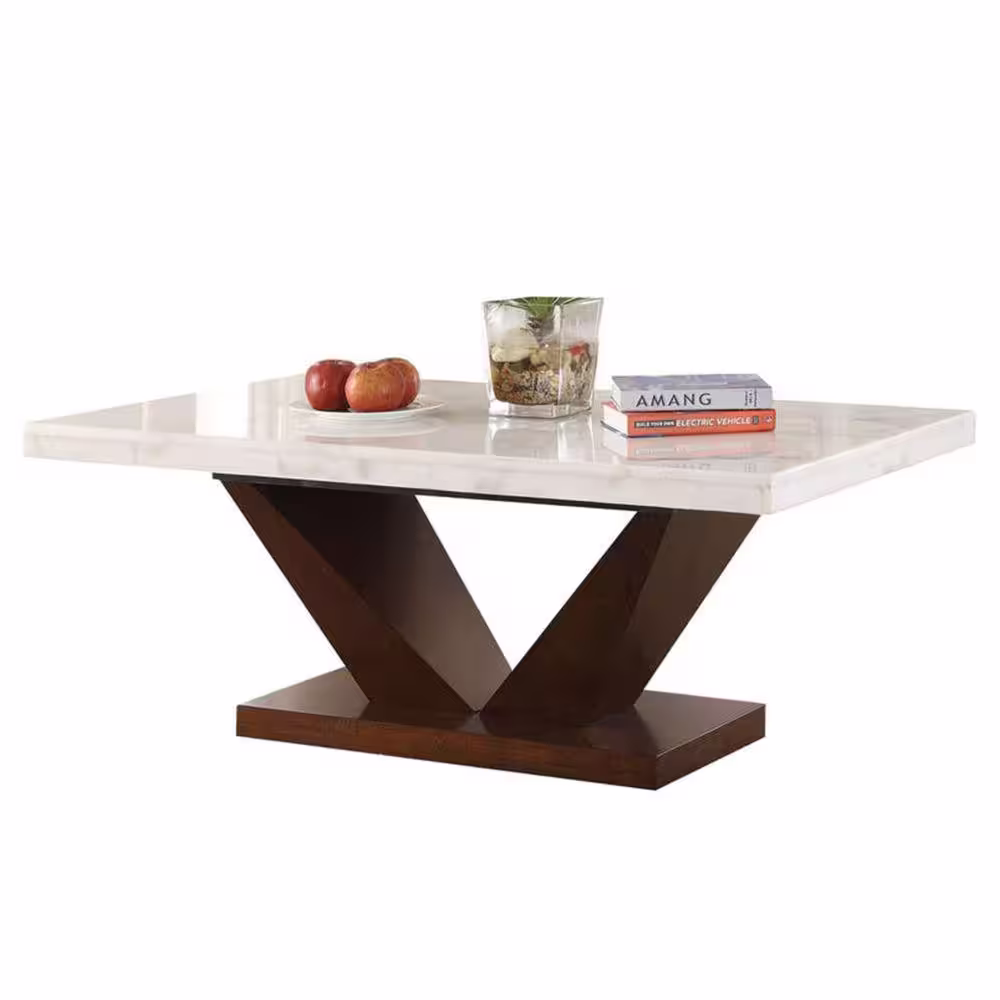 Benjara Walnut Brown and White Marble Top Pedestal Base Dining Table Seats 6