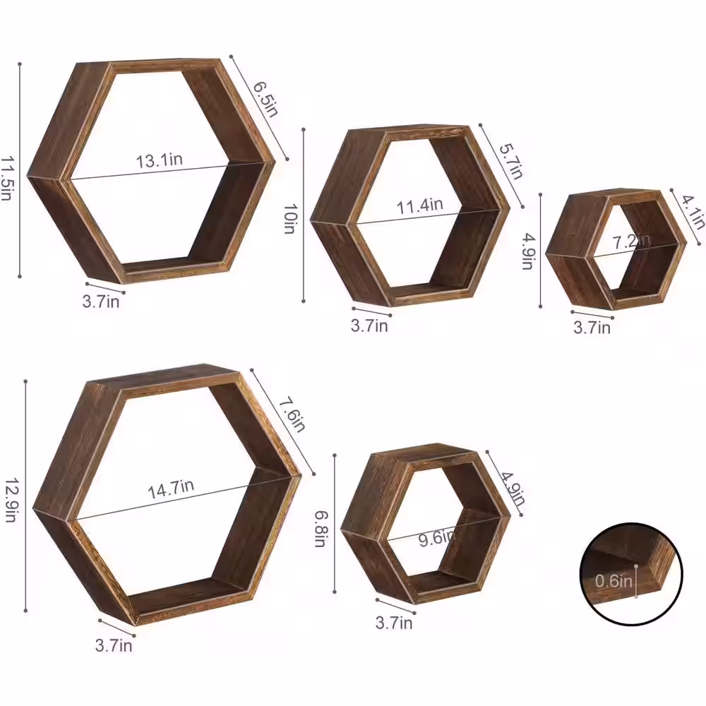 None Hexagon Floating Shelves 5 Different Sizes Honeycomb Shelves for Wall, Brown