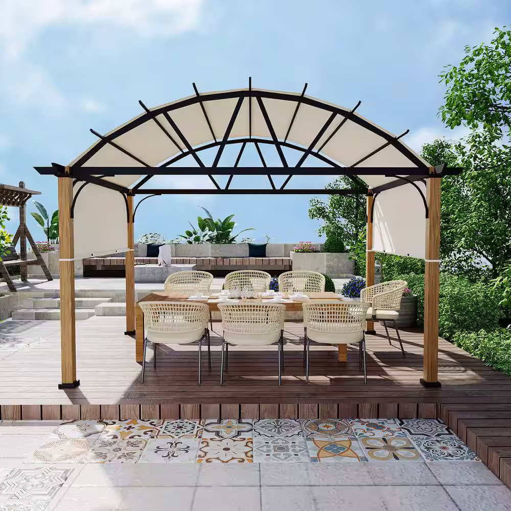 EGEIROSLIFE 10 ft. x 13 ft. Wood Grain Aluminum Outdoor Pergola with Arched Canopy and Beige Retractable Shade