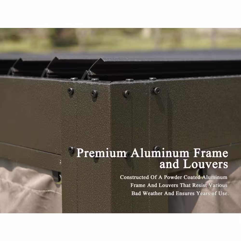 None 10 ft. x 13 ft. Brown Louvered Roof Pergola