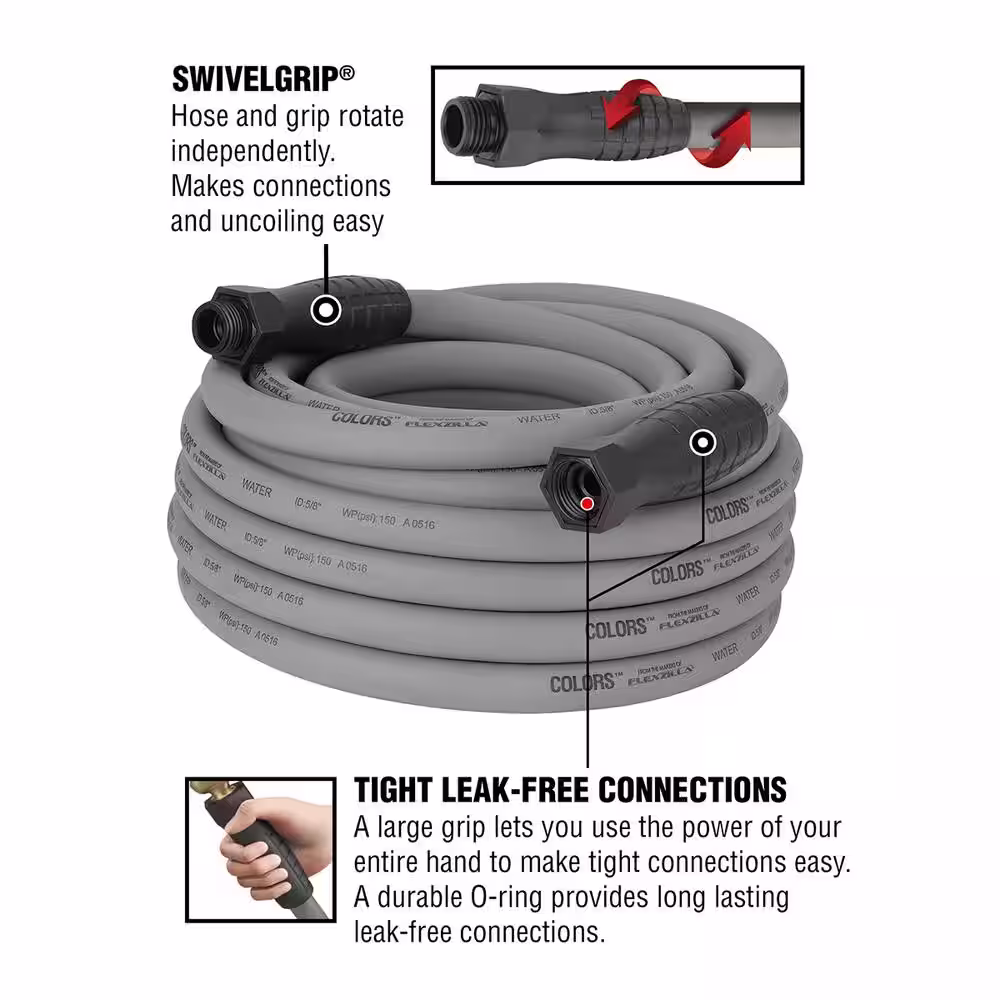 Flexzilla Colors Series 5/8 in. x 50 ft. Garden Hose, 3/4 in. - 11 1/2 GHT Fittings in Slate Gray