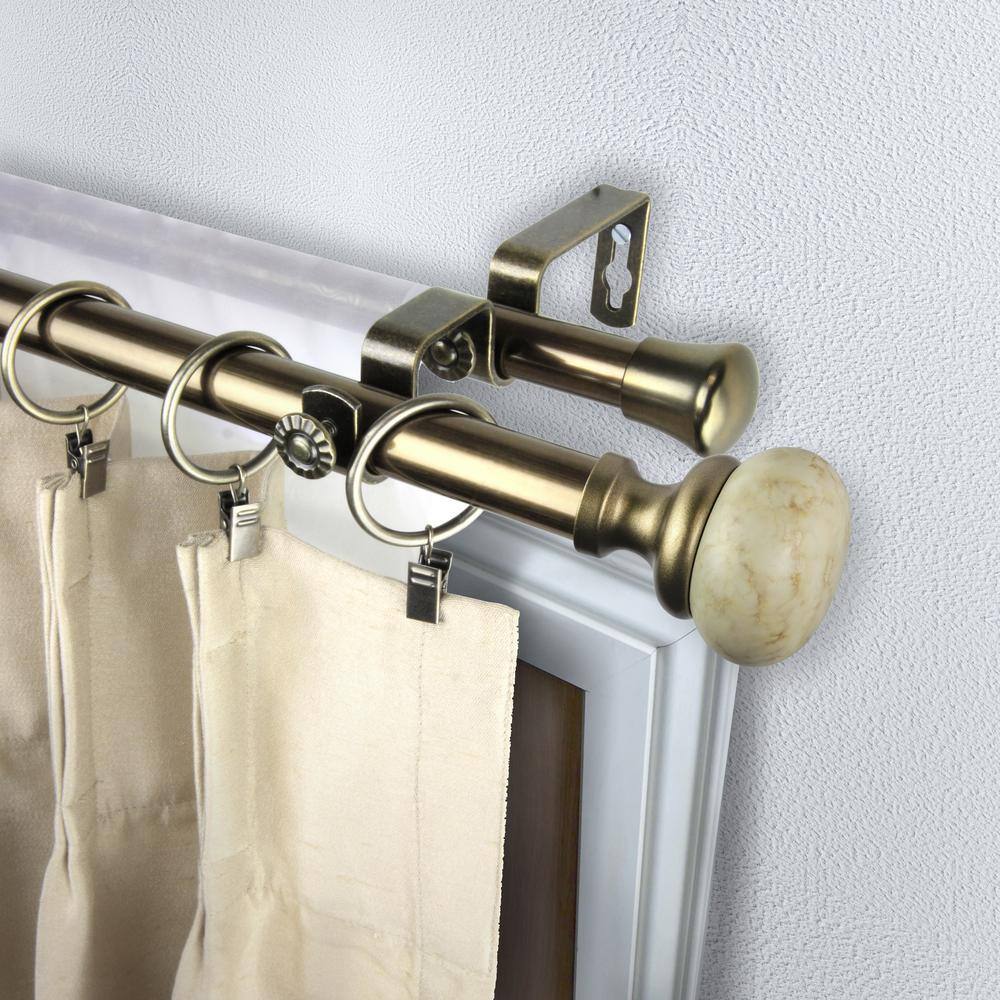 EMOH Johona 20-36 in. sides, 38-72 in. center Adjustable Bay Window Double Curtain Rod 13/16 in. in Antique Brass with Finial