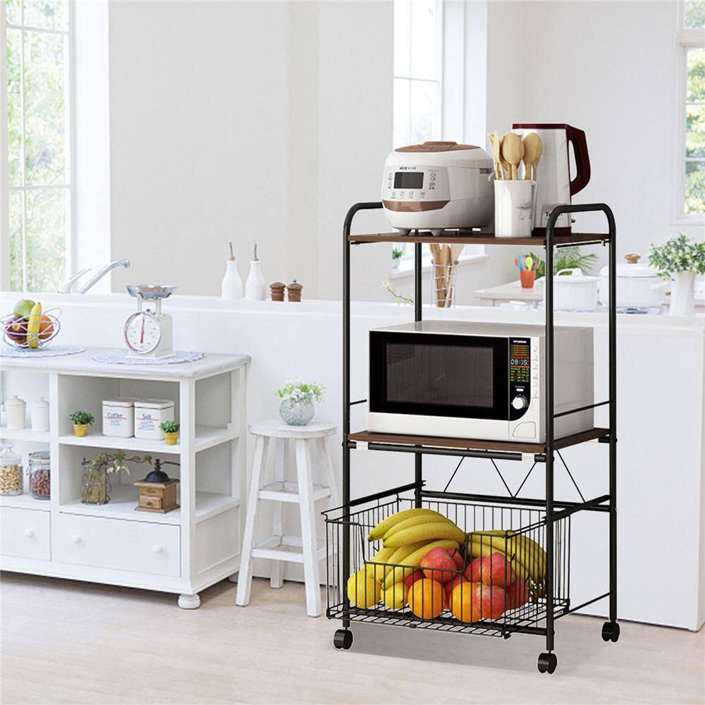 None Black Rolling 3-Tier Metal Wooden Shelving Unit with Basket (19.6 in. W x 43.3 in. H x 14.5 in. D)