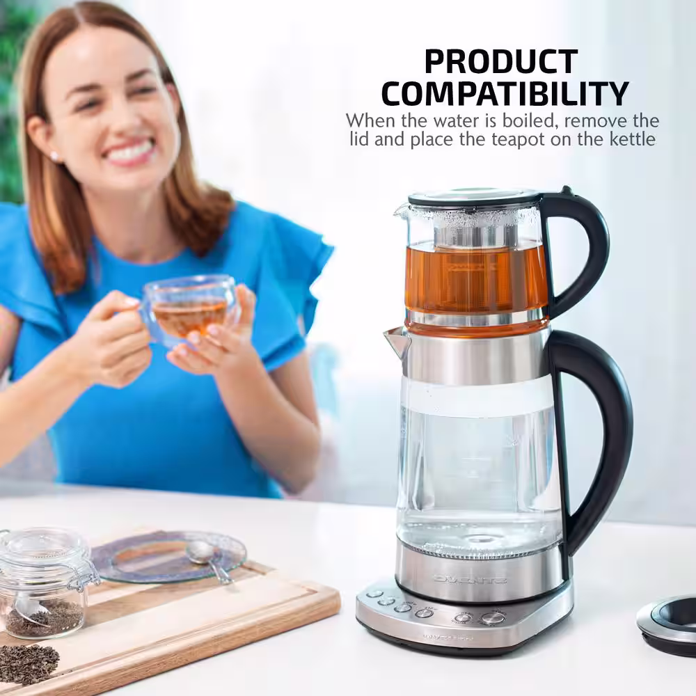 OVENTE 7.2-Cup Stainless Steel Electric Glass Kettle with ProntoFill Technology and 27-Oz. Reusable Teapot with Infuser, Bundle