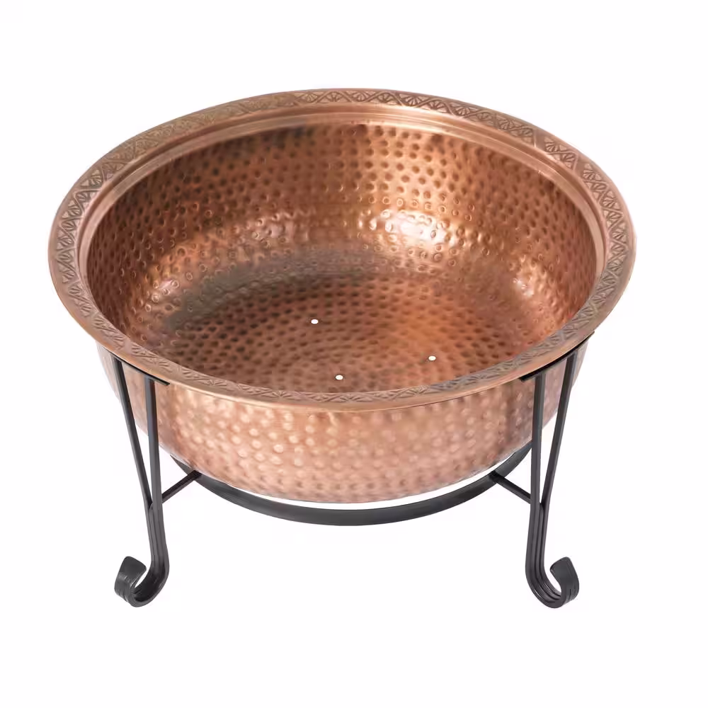 Fire Sense Palermo 26 in. x 21 in. Round Hammered Wood Burning Fire Pit in Copper with Fire Tool