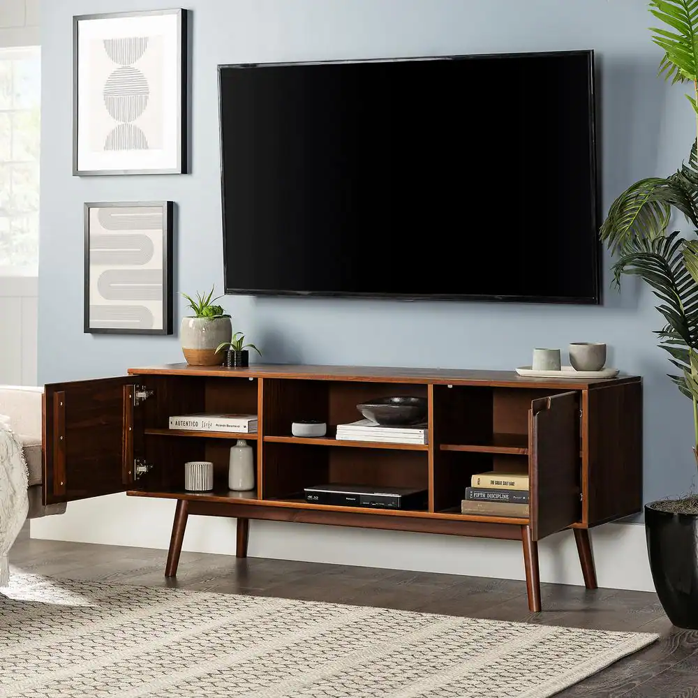 Welwick Designs 58 in. W Walnut Solid Wood TV Stand with Cutout Cabinet Handles (Max tv size 65 in.)
