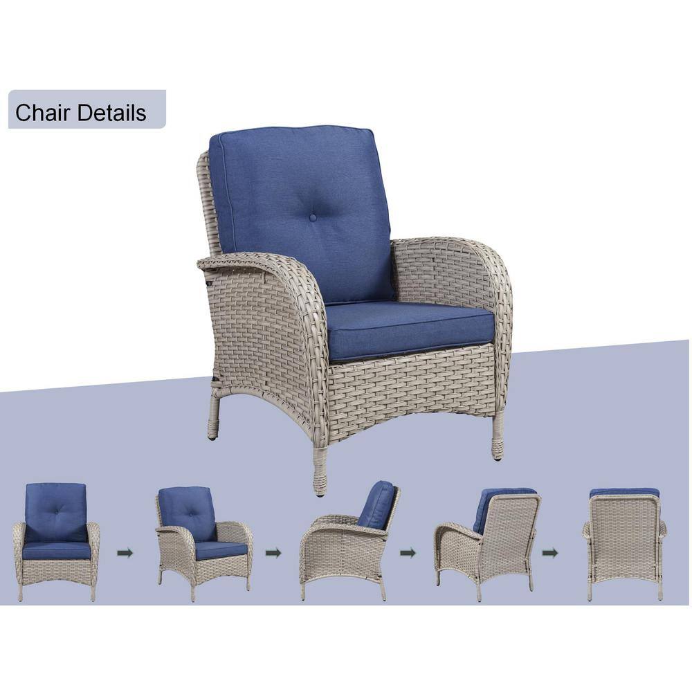 Gymojoy Carlos Grey 4-Piece Wicker Patio Conversation Set with Blue Cushions