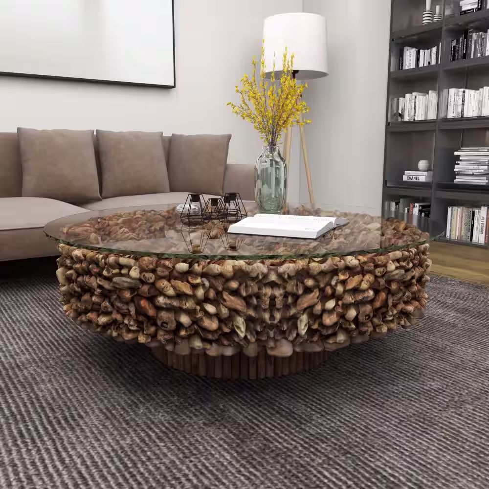 Litton Lane 48 in. Brown Medium Round Driftwood Handmade Collage and Pedestal Base Coffee Table with Tempered Glass Top