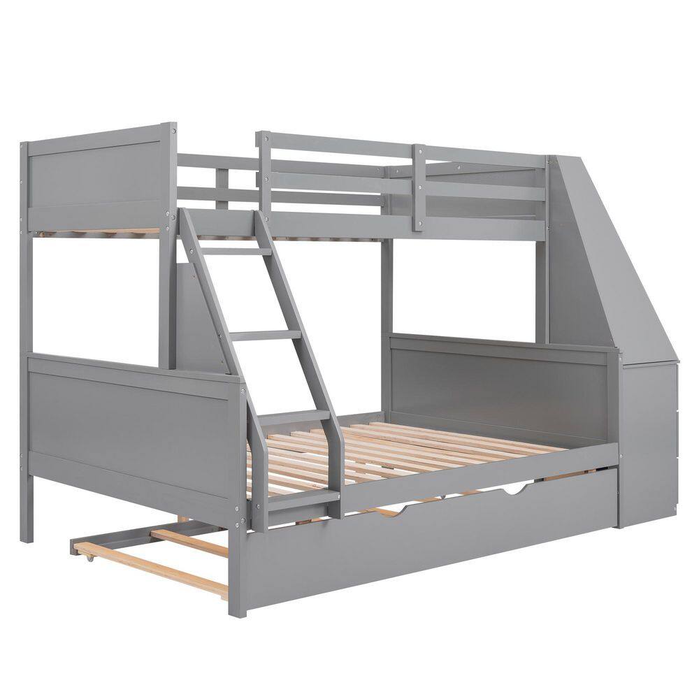 Harper & Bright Designs Gray Twin Over Full Wood Bunk Bed with Built-in Desk and Trundle