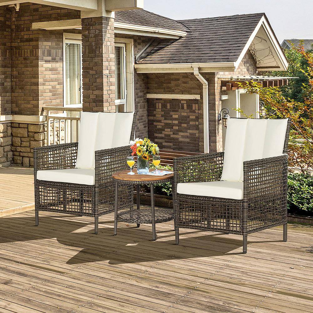Gymax 3 Piece Patio Wicker Outdoor Bistro Set Furniture Set PE Rattan Table Set with Off White Cushions