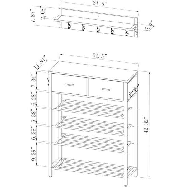None 42.32 in. H 12-Pair Brown Shoe Rack with Two Drawers and Coat Rack